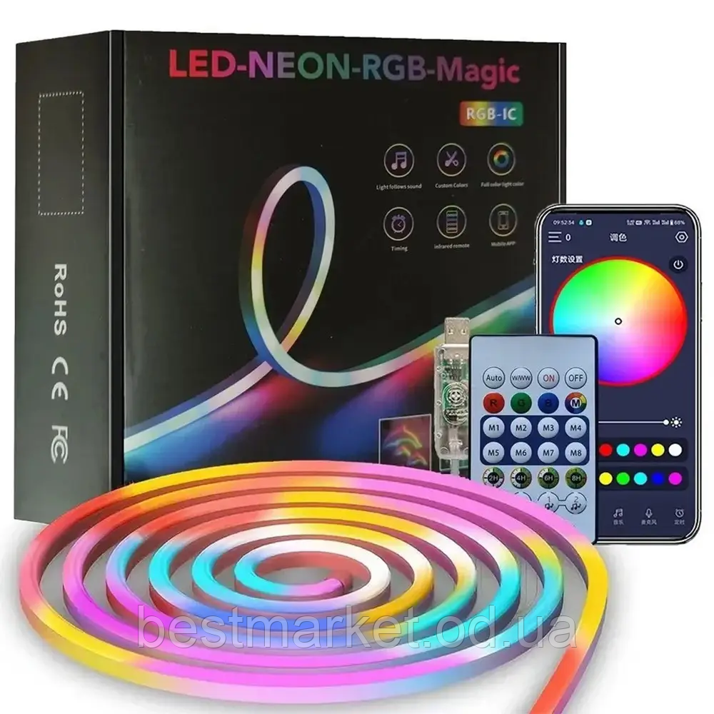 Розумна неонова стрічка від USB, 3 м, пульт + Bluetooth/RGB стрічка/Гнучкий неон/Міжка світлодіодна