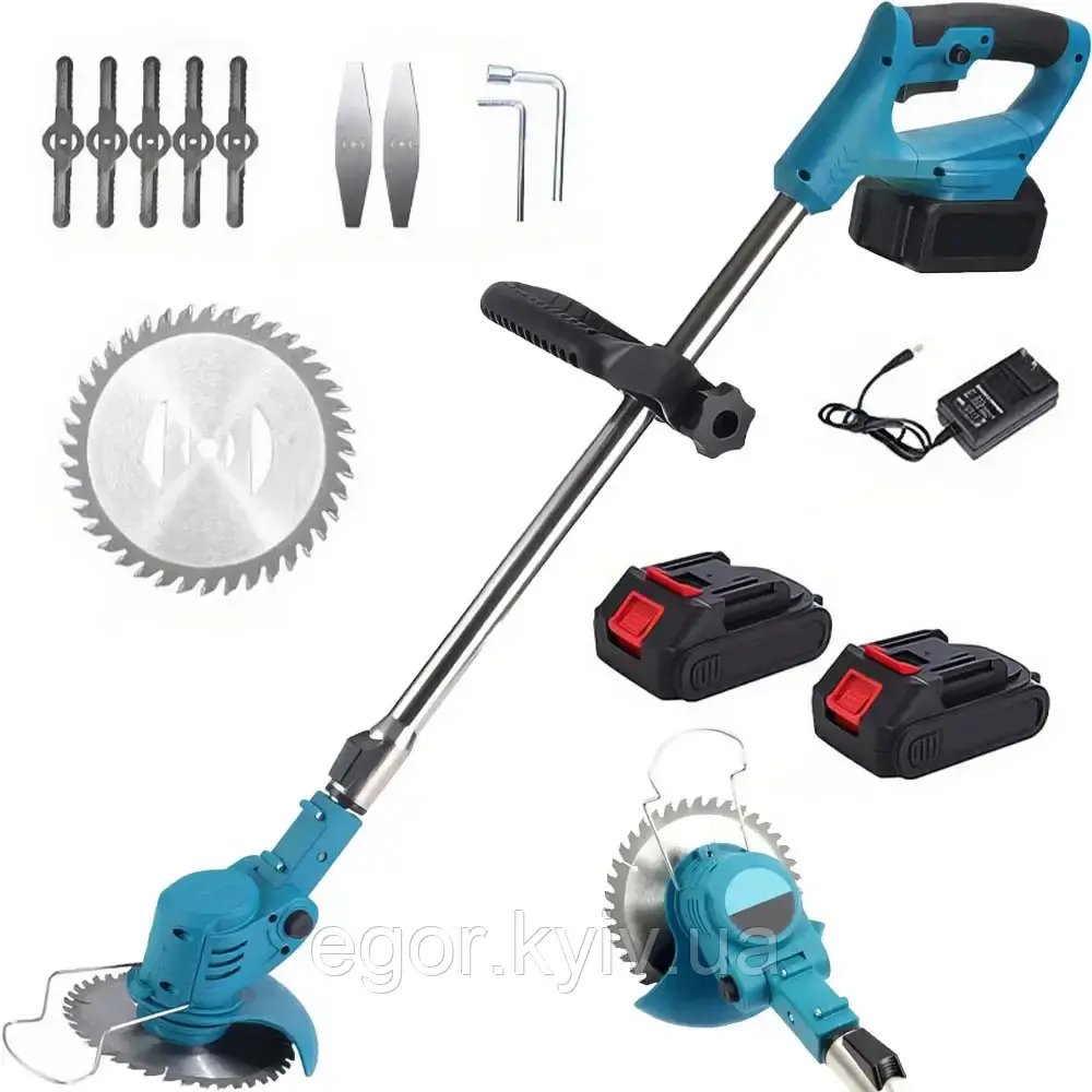 Акумуляторна газонокосарка-тример для коса трави MK-150B Blue Бездротова газонокосарка для саду, фото 1