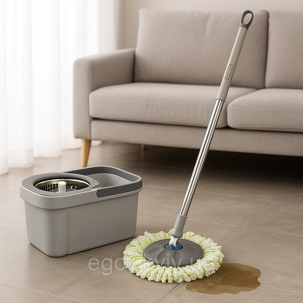 Швабра з автоматичним віджиманням і відром 10 л + 2 насадки Сірий, фото 1