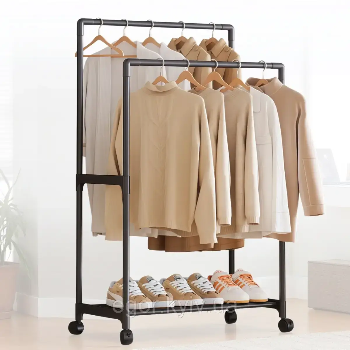 Подвійна стійка-вішалка 112×56×30 см на колесах із полицею для взуття YH9918-1, фото 1