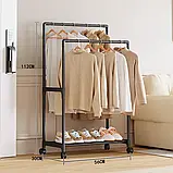 Подвійна стійка-вішалка 112×56×30 см на колесах із полицею для взуття YH9918-1, фото 3