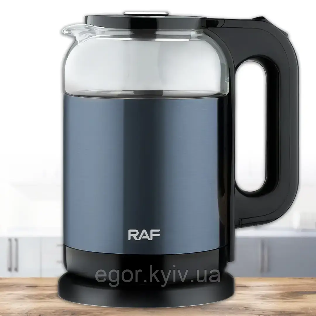 Чайник електричний 1.5 л із неіржавкої сталі зі скляним верхом RAF R.7832 Синій, фото 1