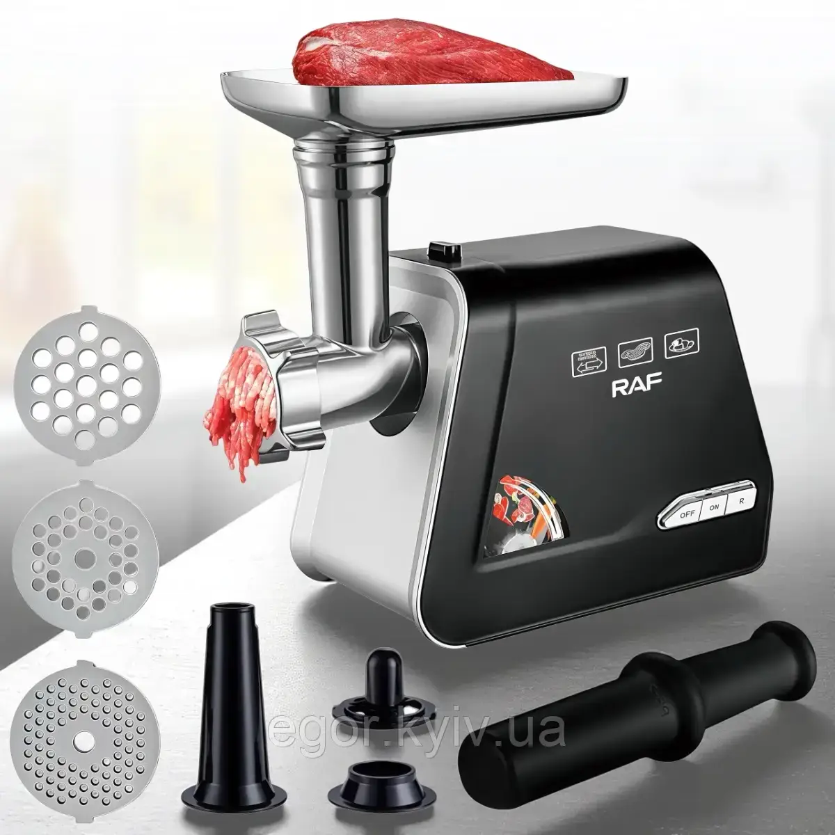 Електрична м'ясорубка з насадками та захистом від перегрівання RAF R.3375 1000 Вт, фото 1