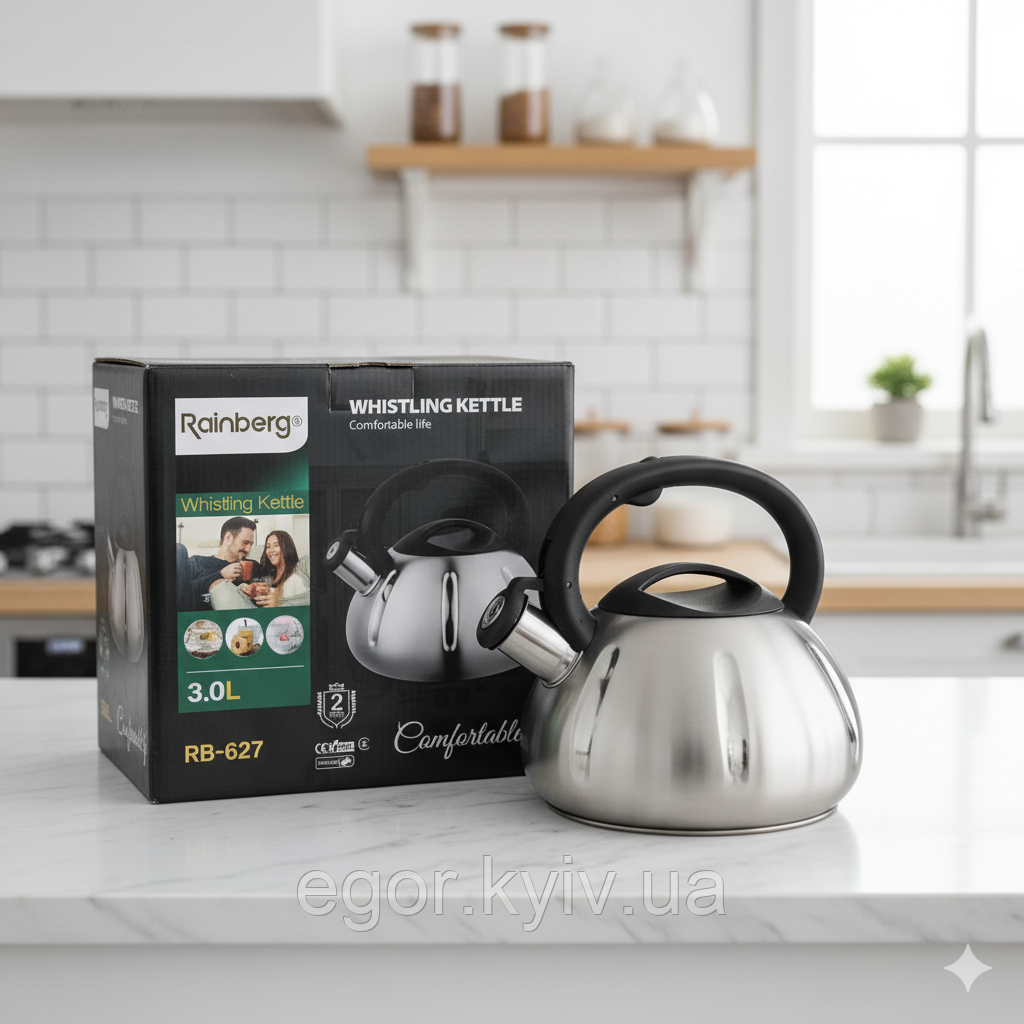 Чайник для електричних і газових плит Rainberg RB-627 3 л зі свистком, з неіржавкої сталі, фото 1