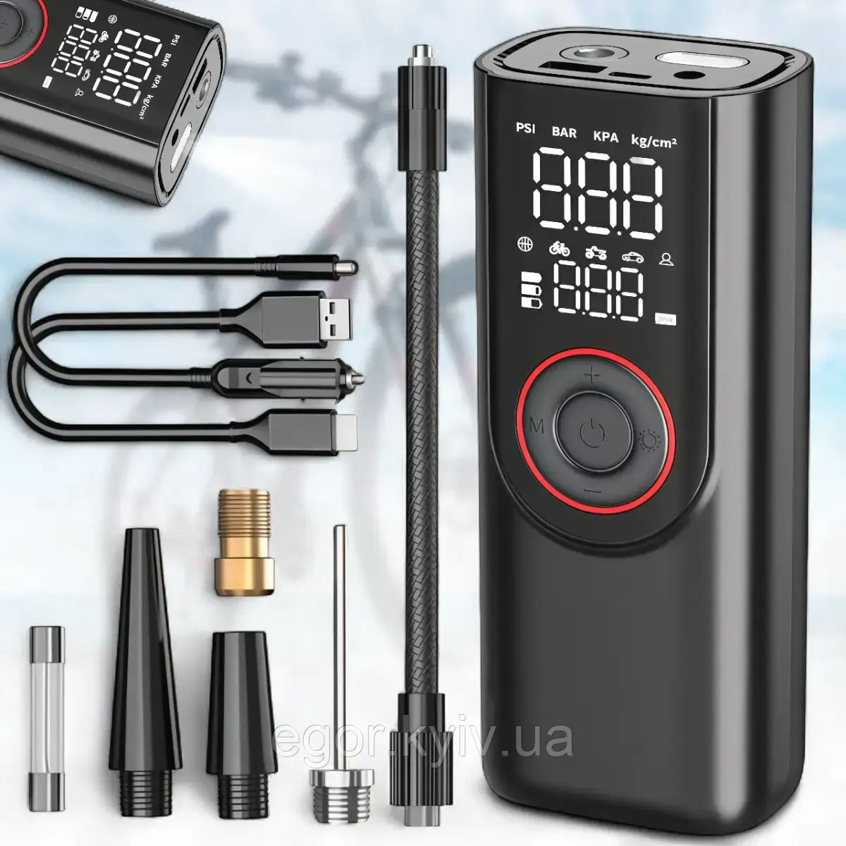 Портативний компресор із цифровим дисплеєм, LED-ліхтариком і набором насадок ATJ-9566 3х2000mAh, фото 1