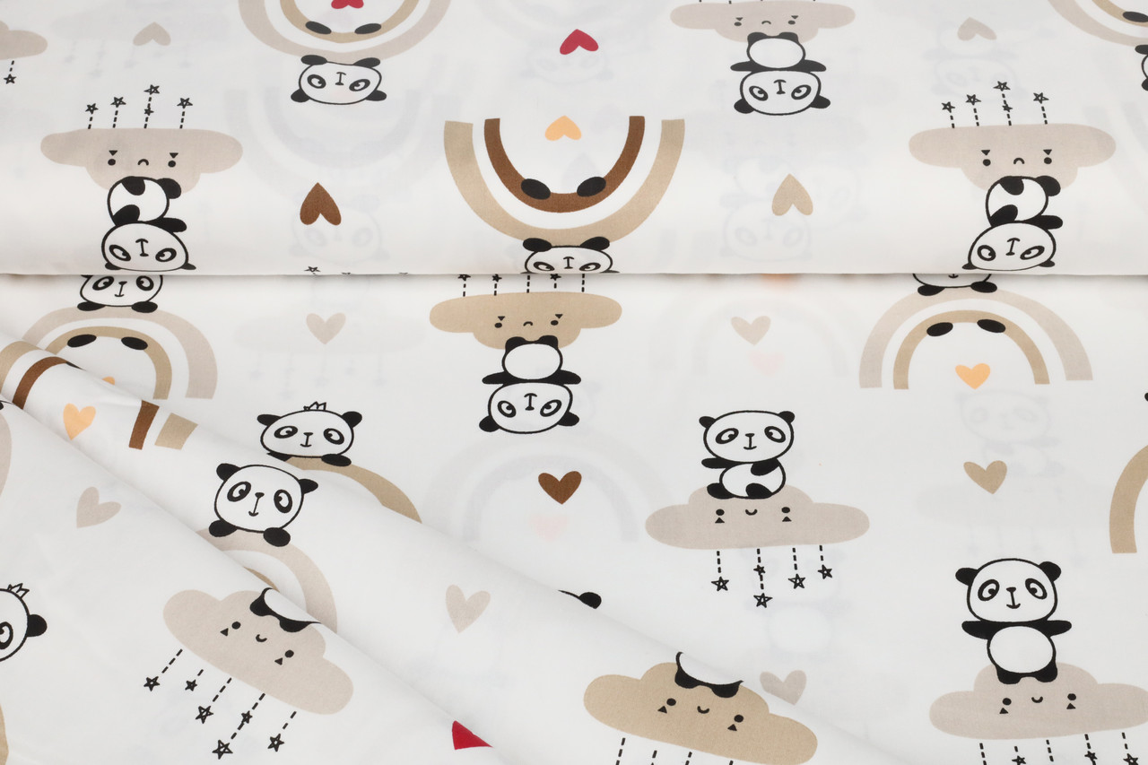 Уцінка! Сатин-твіл Панди на хмаринках, сердечка, веселки