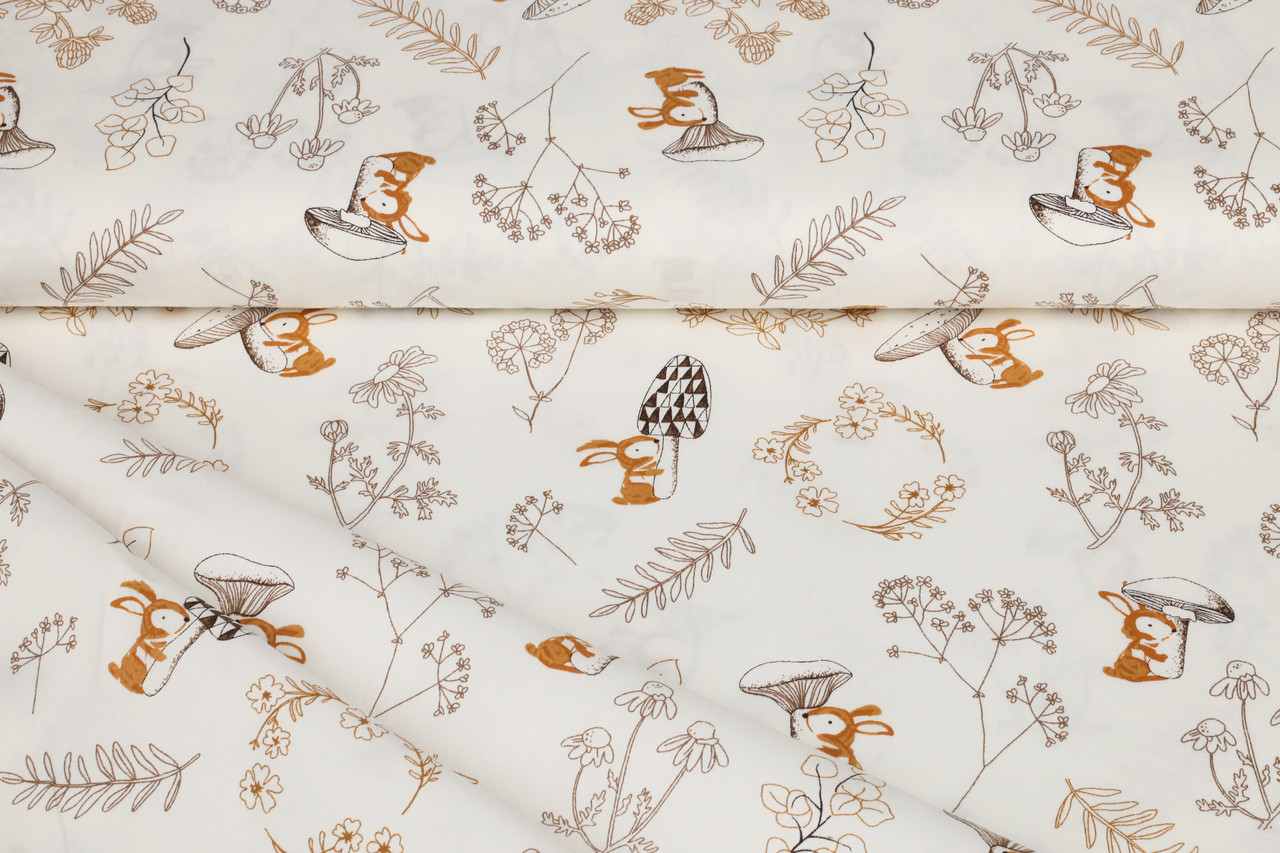 Сатин-твіл Зайченята, гриби, квіточки
