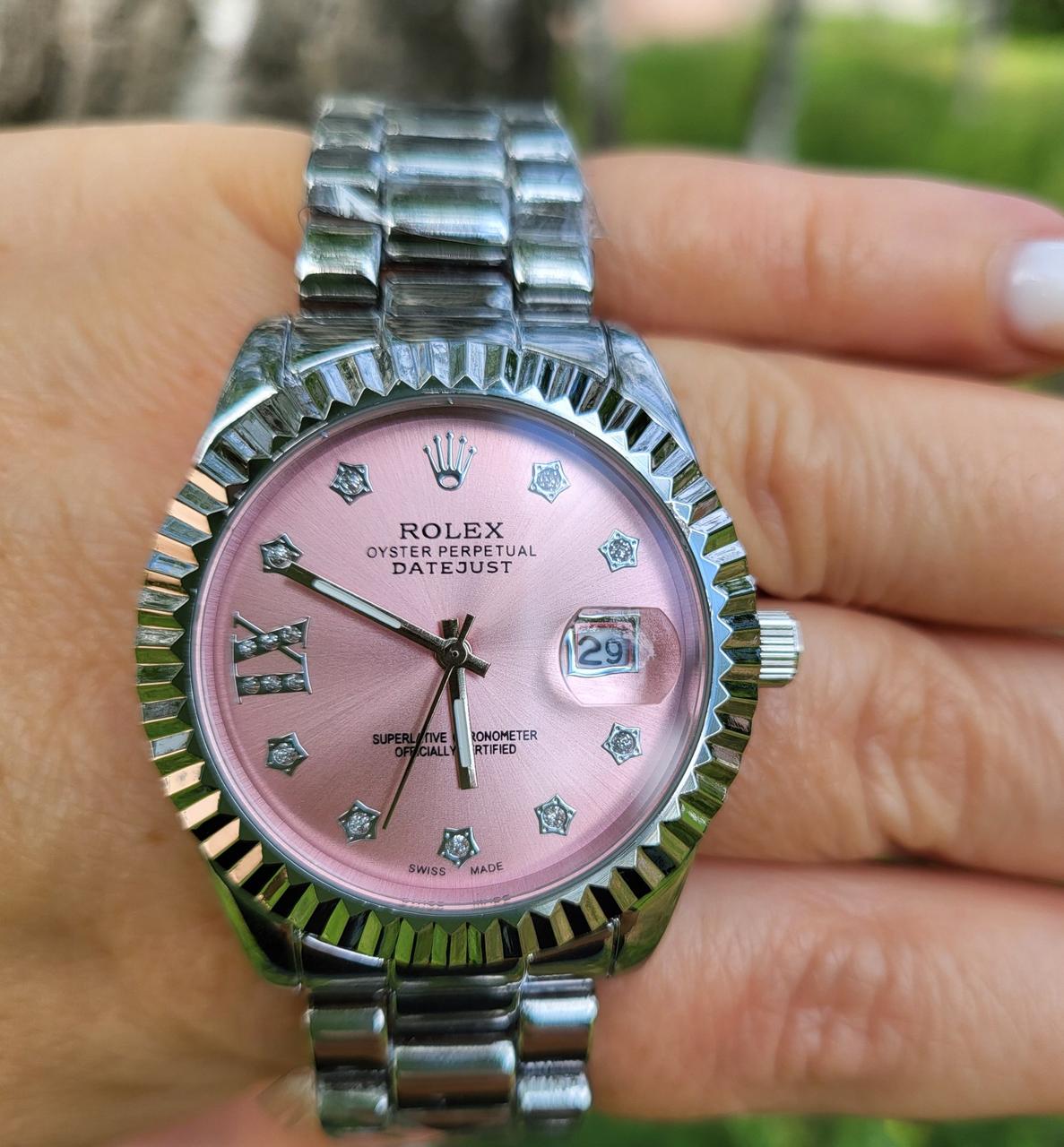 Жіночий годинник Rolex Oyster Perpetual Date just з рожевим циферблатом і камінням, фото 1