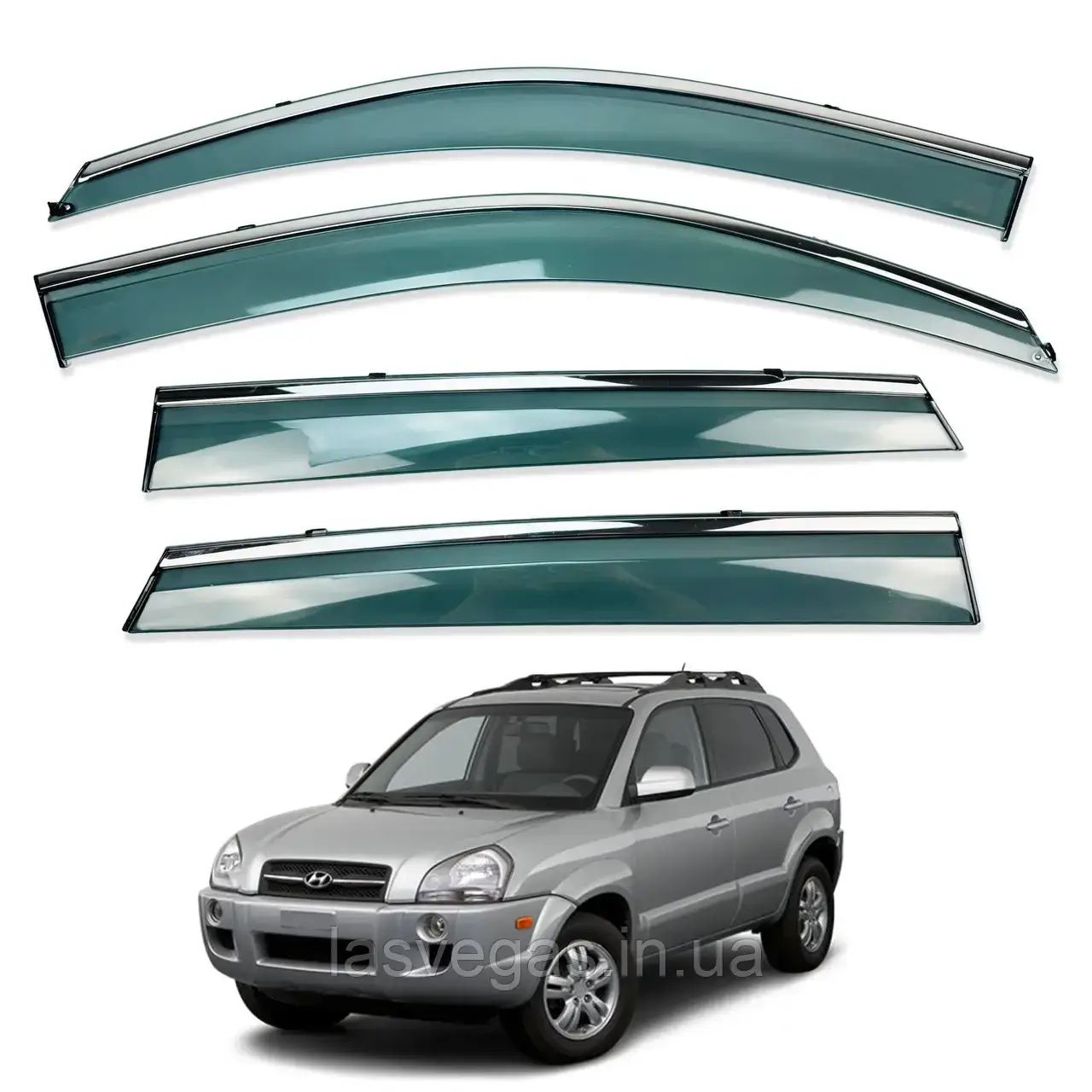 Дефлектори вікон із хром молдингом, вітровики Hyundai Tucson 2004-2012 (неіржавка сталь 3D), фото 1