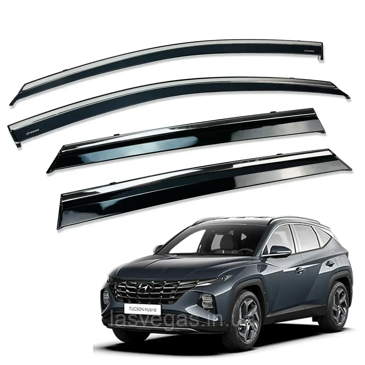 Дефлектори вікон із хром молдингом, вітровики Hyundai Tucson 2021- (неіржавка сталь 3D), фото 1