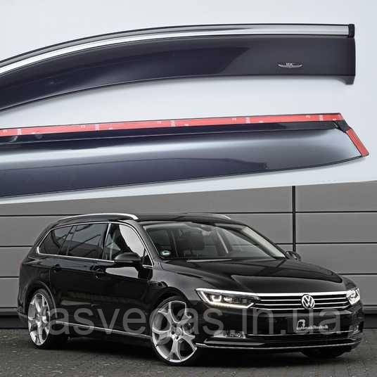 Дефлектори вікон з хром молдингом, вітровики Volkswagen Passat B8 Variant 2014- (нерж 3D)), фото 1