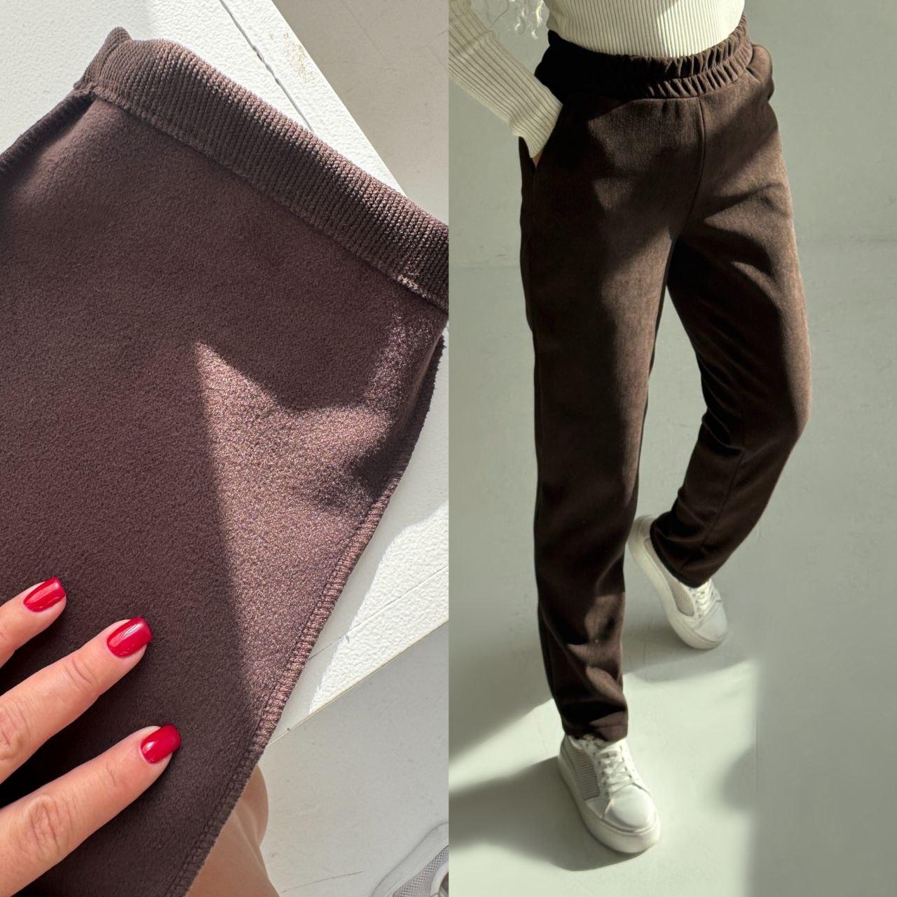 Коричневі теплі жіночі вельветові штани МОМ на флісі, фото 1