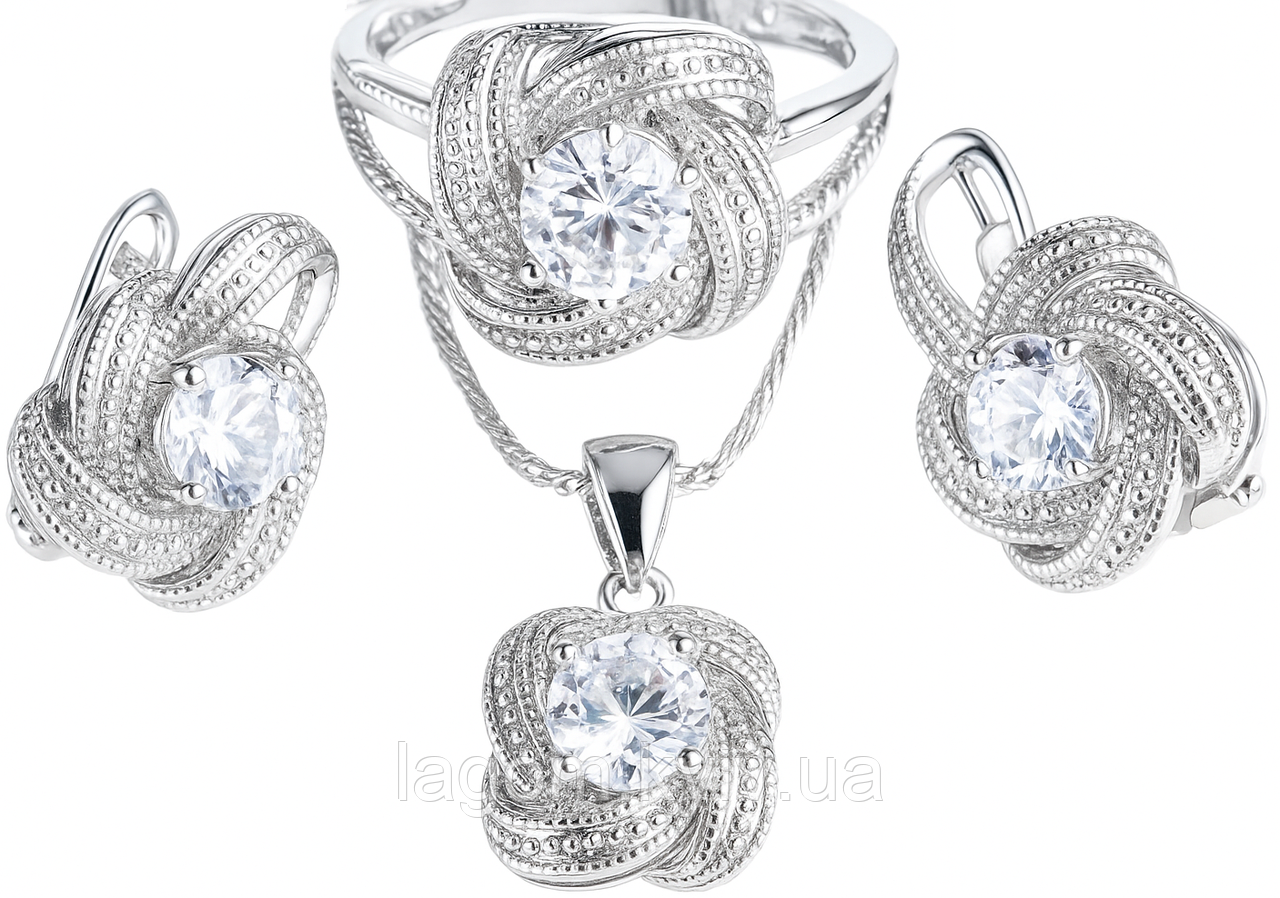 Комплект срібних прикрас APHRODITE 925 проба прозорий (сережки, каблучка, підвіска та ланцюжок), фото 1