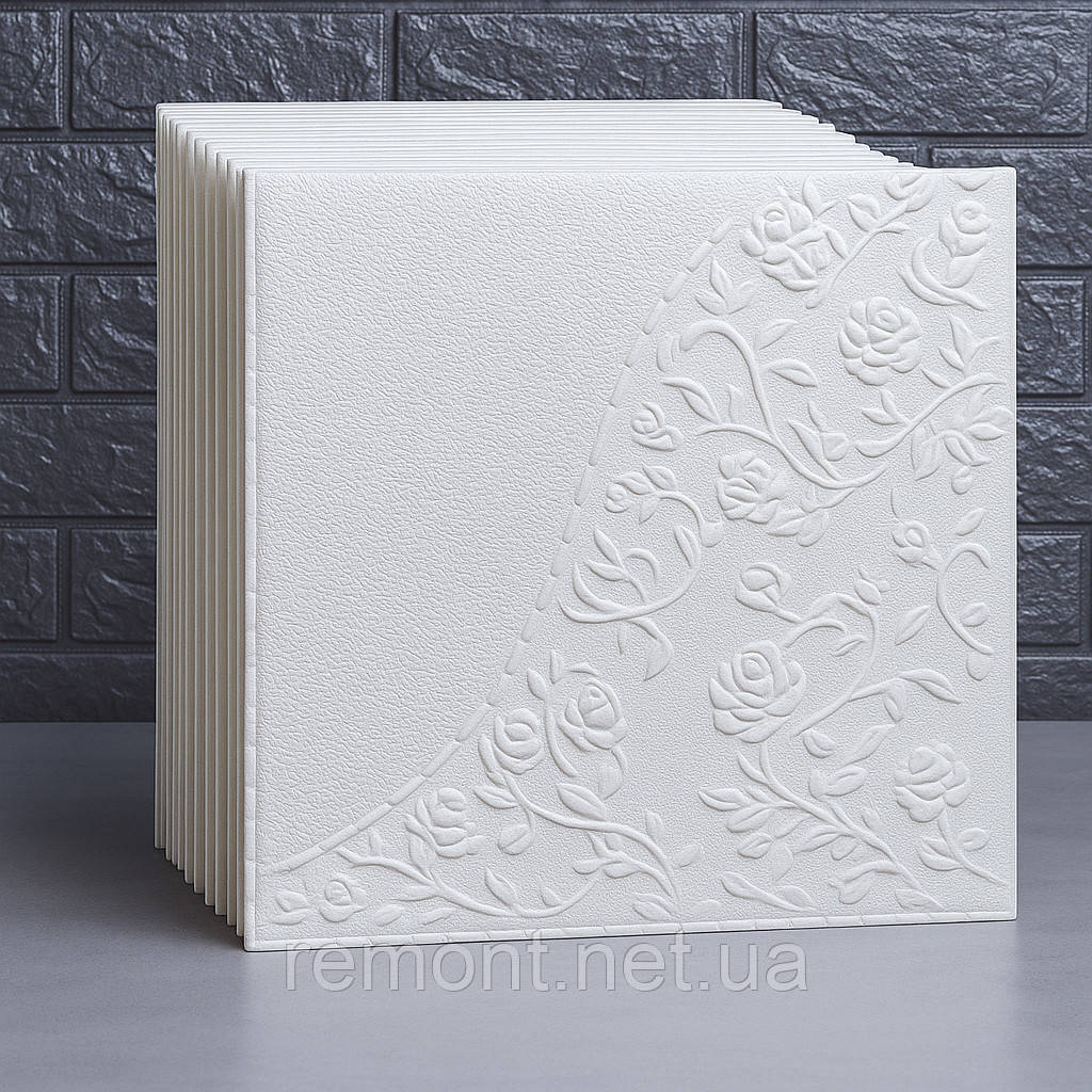 3D самоклеючі панелі для стін і стелі 35×35 см, «Романтична троянда» з спіненого поліпропілену, білі, фото 1