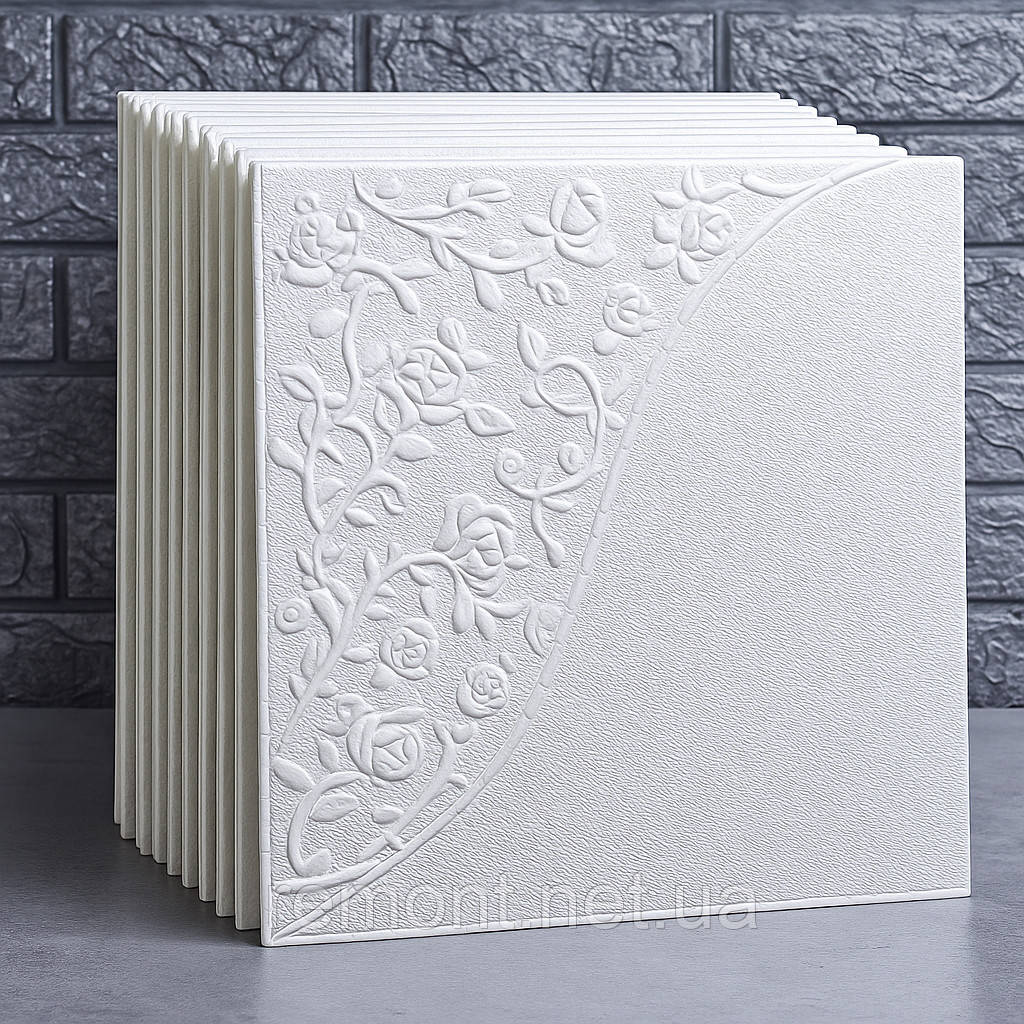 3D самоклеючі панелі для стін і стелі 35×35 см, «Романтична троянда» з спіненого поліпропілену, білі, фото 1