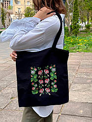 Еко-сумка шопер щільна 100% бавовна 38х42см під вишивку бісером чорна з малюнком ніжні троянди