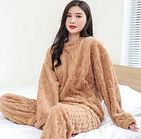 Жіноча тепла піжама з візерунком комплект двійка кофта + штани плюшевий домашній набір Коричневий One Size