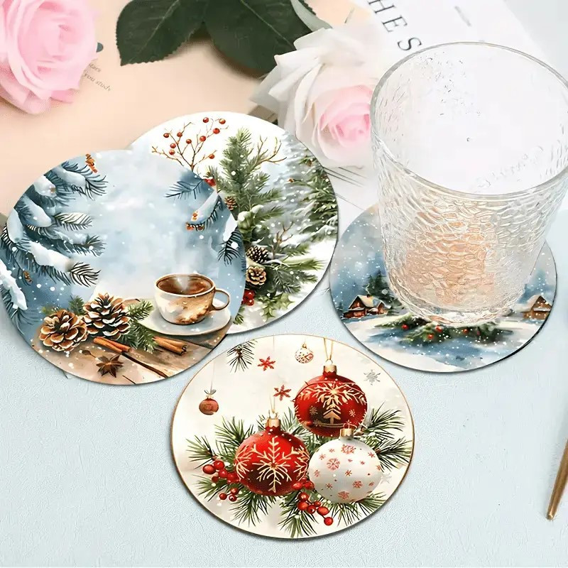 Набір підставок під чашку Зимові ялинки 10 см х 4 шт, фото 1