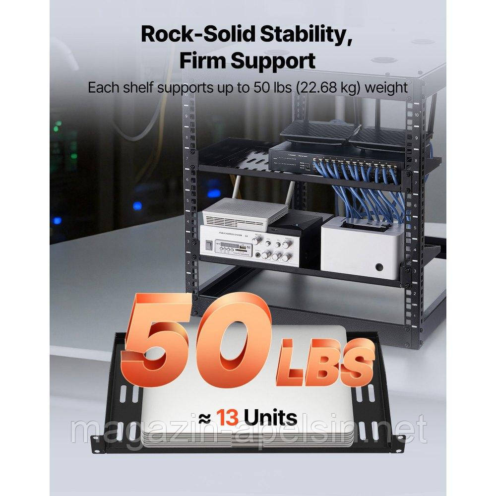 Серверна стійкова полиця VEVOR 1U, упаковка з 4 шт., 22,68 кг, вентильована консоль, настінна або стійкова полиця з полицею,