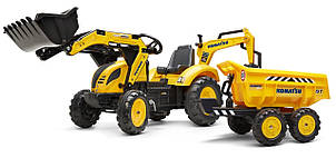 Дитячий трактор на педалях з причепом, переднім та заднім ковшами Falk 2086W Komatsu (колір - жовтий)