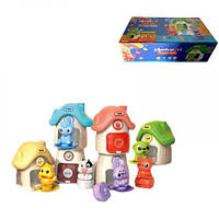 Логічна гра Монтессорі, 6 будиночків, розмір 10х7.5х10 см, 6 тварин, кольори, назви, цифри, написи англійською мовою,