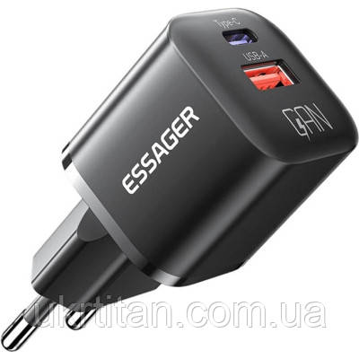 Оригінал! Зарядний пристрій Essager 1xUSB + 1xUSB-C PD20W GaN (ECTAC-HMB01-P) - Вища Якість!, фото 1