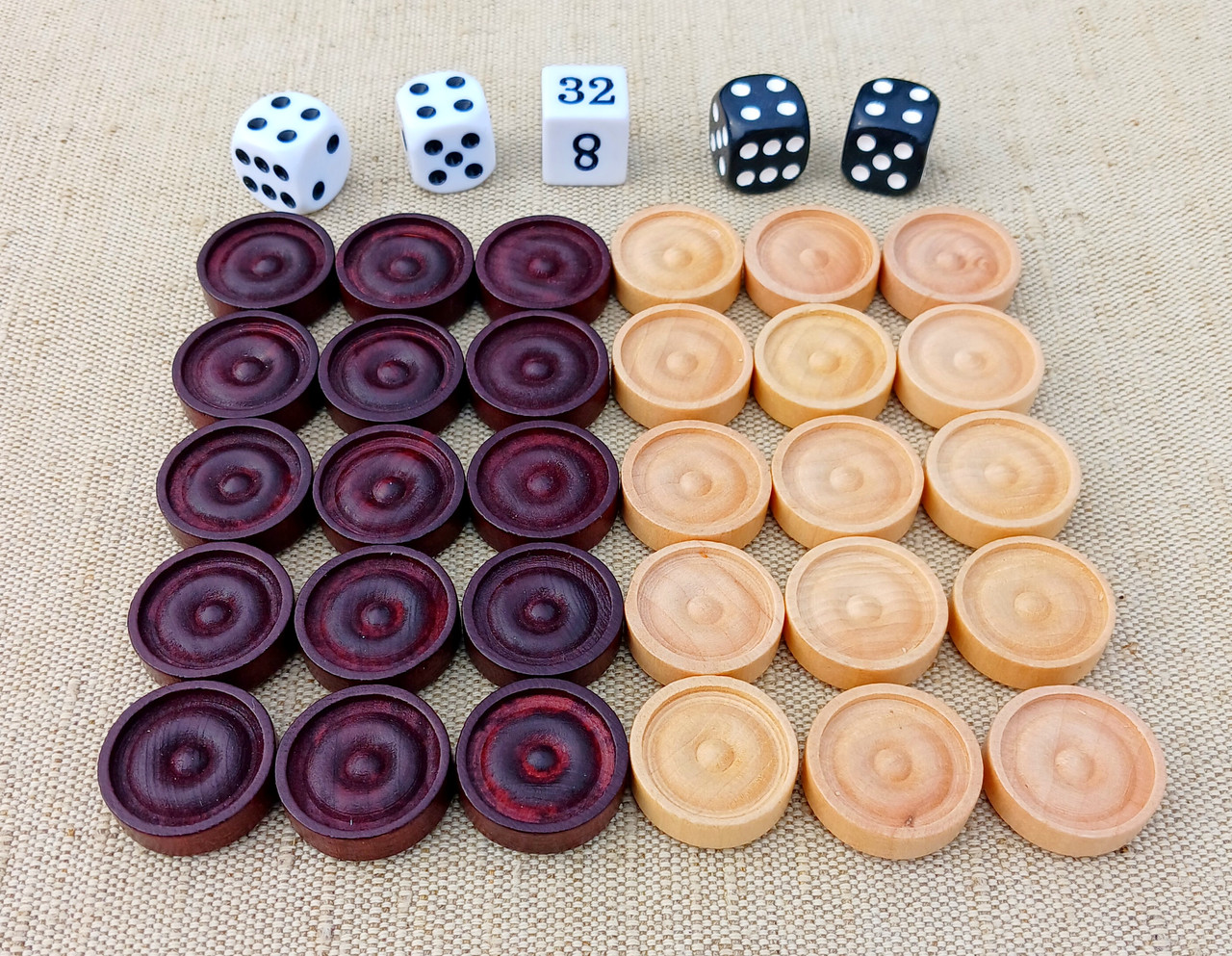 Фішки дерев'яні для нард, d 24 мм + гральні кубики