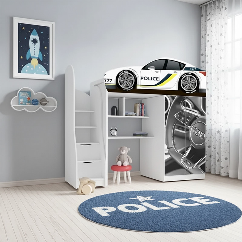 Ліжко горище Поліція, ліжко горка з робочою зоною, ліжко кімната з шафою, фото 1