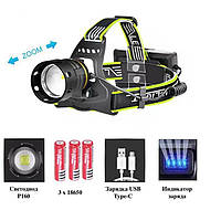 Налобний ліхтар BL-A14-3-P90 zoom + Power Bank + Type-C + 3х18650 (3+1 режими)