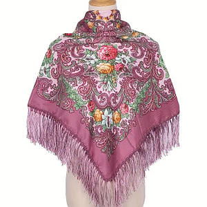 Хустка народна українська із квітами з бахромою Марина бузкова