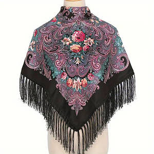 Хустка народнаукраїнська з квітами з бахромою Марина чорна сіра