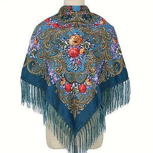 Платок народній з квітами з бахромою Марина темна бірюза