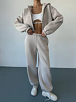 Утеплений жіночий костюм оверсайз з укороченим худі бежевий