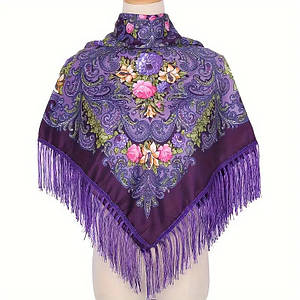 Хустка українська народна із квітами з бахромою Марина фіолетовий