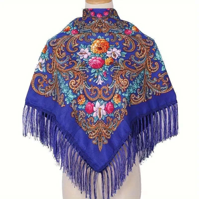 Хустка народна українська із квітами з бахромою Марина синя, фото 1