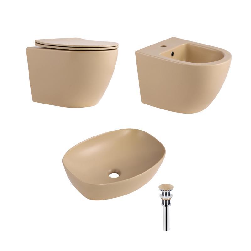 Комплект Qtap Robin Beige 3 в 1: підвісний унітаз Ultra Quiet + біде підвісне + раковина накладна QTROBSB49159