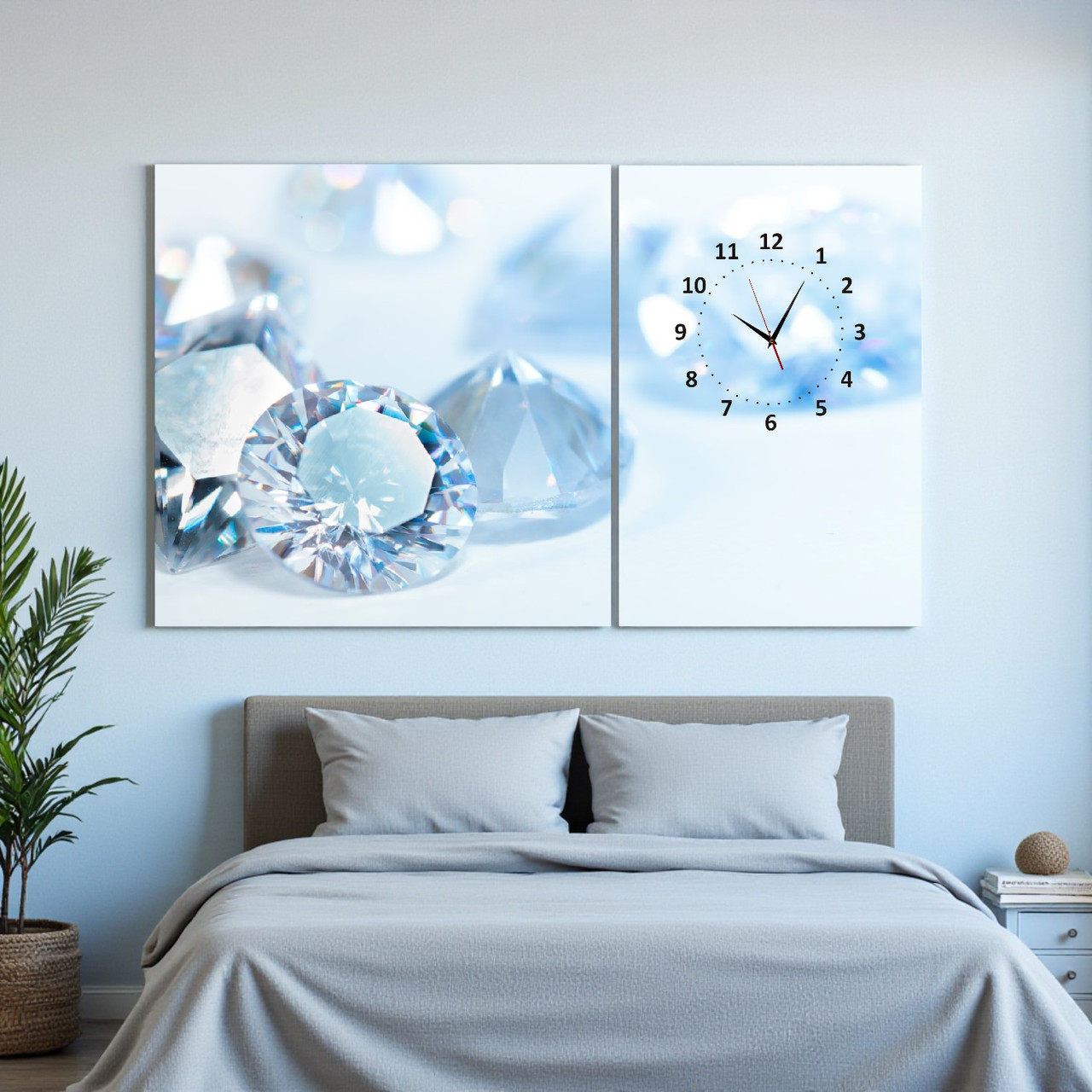 Модульна картина з годинником «Діаманти на світлому фоні» Стильний настінний декор для спальні чи вітальні Друк на полотні 100х60, фото 1