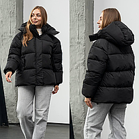 Дута куртка жіноча зимова з капюшоном коротка чорна осінь зима з утепленням пуховик оверсайз пуфер