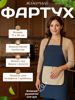 Жіночий фартух для кухні, фартух на кухню, красиві фартухи для кухні у синьому кольорі