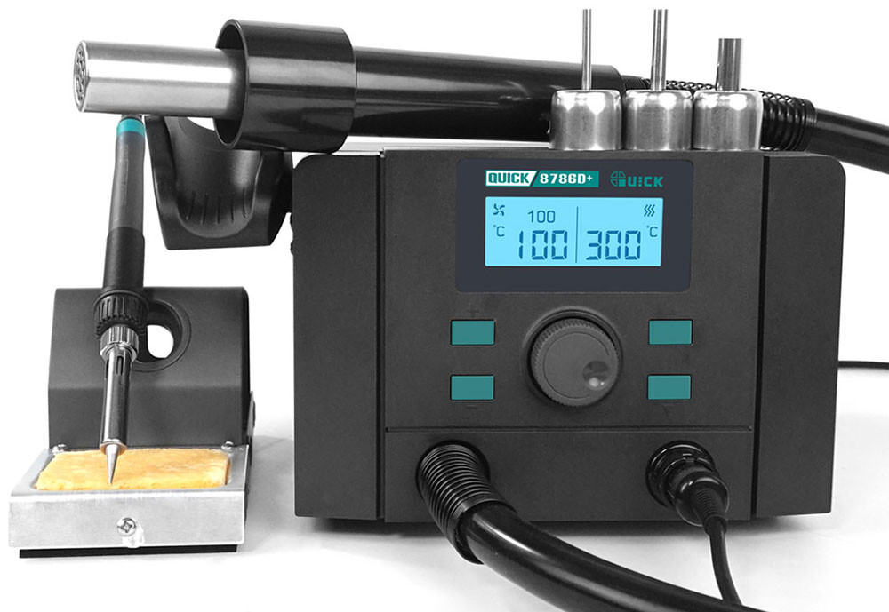 Паяльна станція 2 в 1 QUICK 8786D+ / паяльник 70 Вт + фен 700 Вт / 100-500 ° С / 40 л / хв