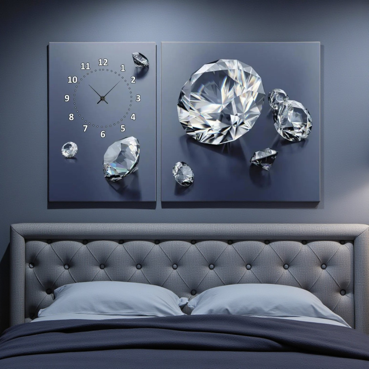 Картина з годинником «Діамантиі» Сучасний настінний декор з безшумним годинниковим механізмом Друк на полотні 100х60см з 2х частин, фото 1