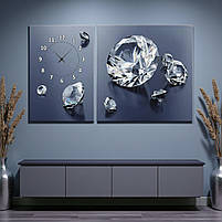 Картина з годинником «Діамантиі» Сучасний настінний декор з безшумним годинниковим механізмом Друк на полотні 100х60см з 2х частин, фото 3