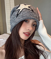 Шапка біні Bitterly Love зі зіркою в стилі Y2K готика стимпанк вязана демісезон one size, сіра