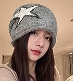 Шапка біні Bitterly Love зі зіркою в стилі Y2K готика стимпанк вязана демісезон one size, сіра, фото 2