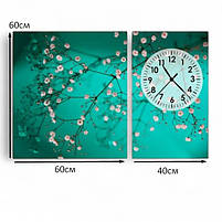 Картина з годинником «Ніжні квіти на бірюзовому фоні» Стильний настінний декор для дому Друк на полотні 100х60 см з 2х частин, фото 5