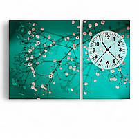 Картина з годинником «Ніжні квіти на бірюзовому фоні» Стильний настінний декор для дому Друк на полотні 100х60 см з 2х частин, фото 2