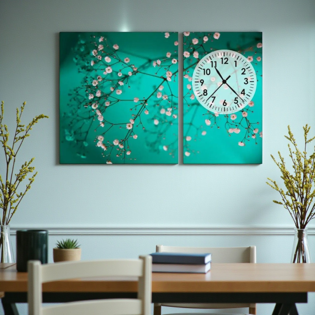 Картина з годинником «Ніжні квіти на бірюзовому фоні» Стильний настінний декор для дому Друк на полотні 100х60 см з 2х частин, фото 1