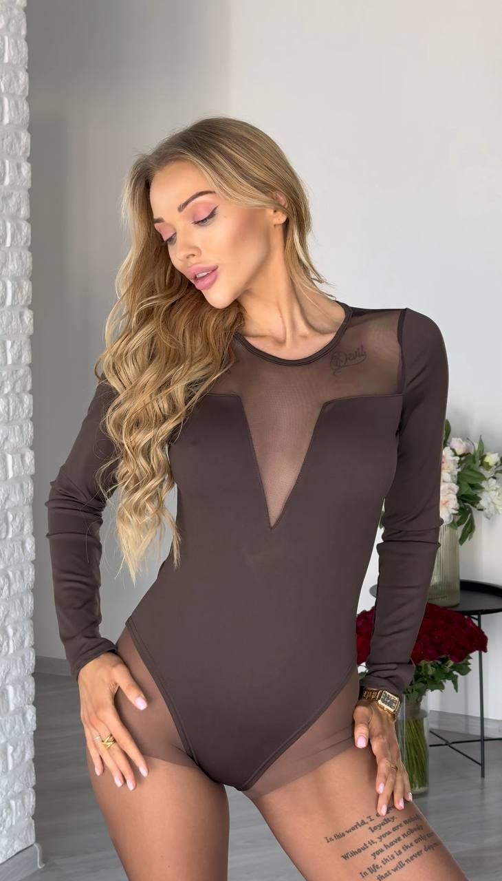 Ідеальний жіночий боді з довгим рукавом шоколадного кольору, фото 1