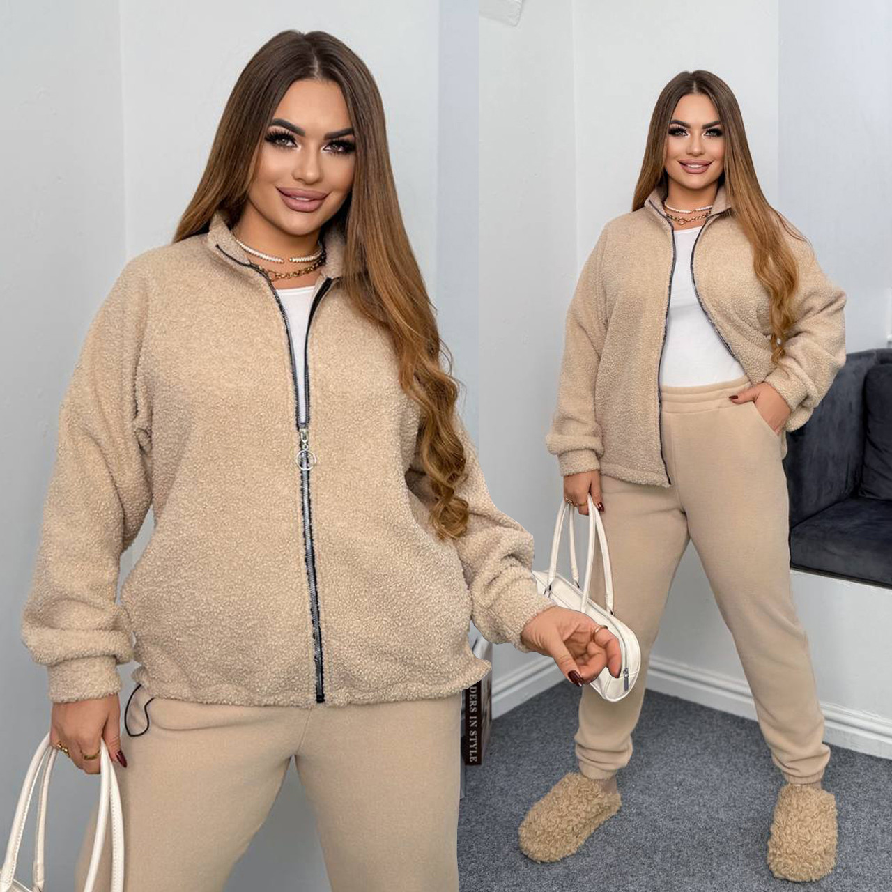 Теплий прогулянковий жіночий костюм з толстовкою баранчик (р.50-52,54-56,58-60), фото 1