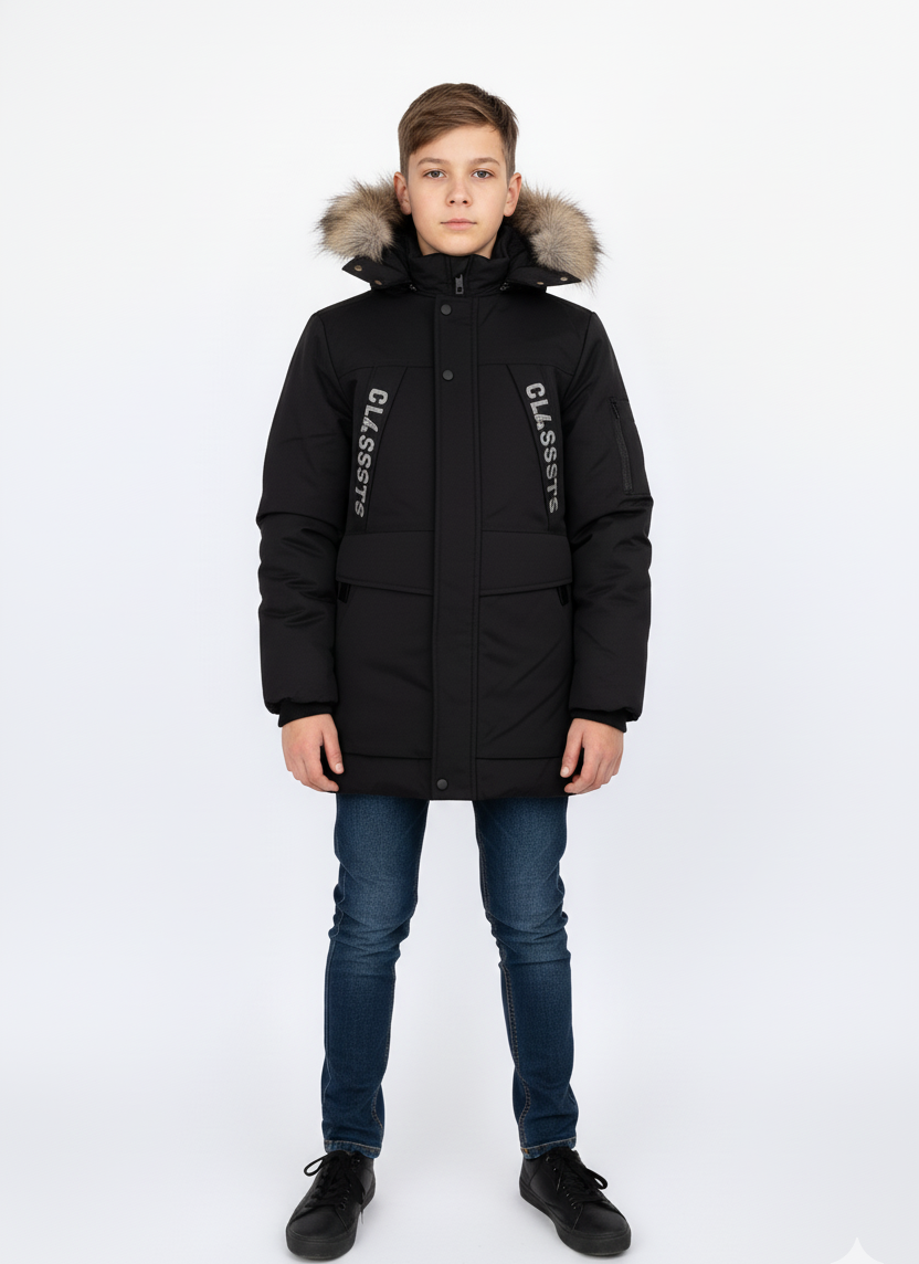 Куртка для хлопчика зимова з теплим капюшоном чорна (B01), фото 1